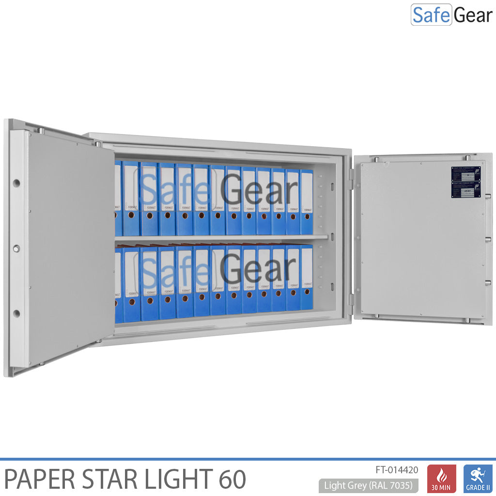 Paper Star Light 60 Trezor na dokumenty – 28 zakladačov – Test odolnosti proti vlámaniu S2 / Test požiarnej odolnosti 30 minút