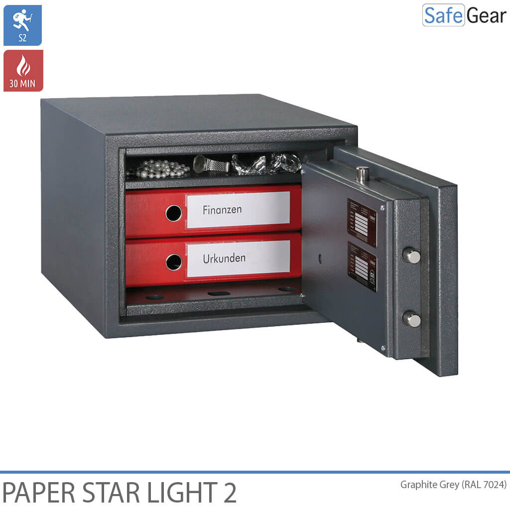 Paper Star Light 2 Trezor odolný proti ohňu – 2 zakladače – Trieda odolnosti proti vlámaniu S2 / Odolnosť proti ohňu 30 minút