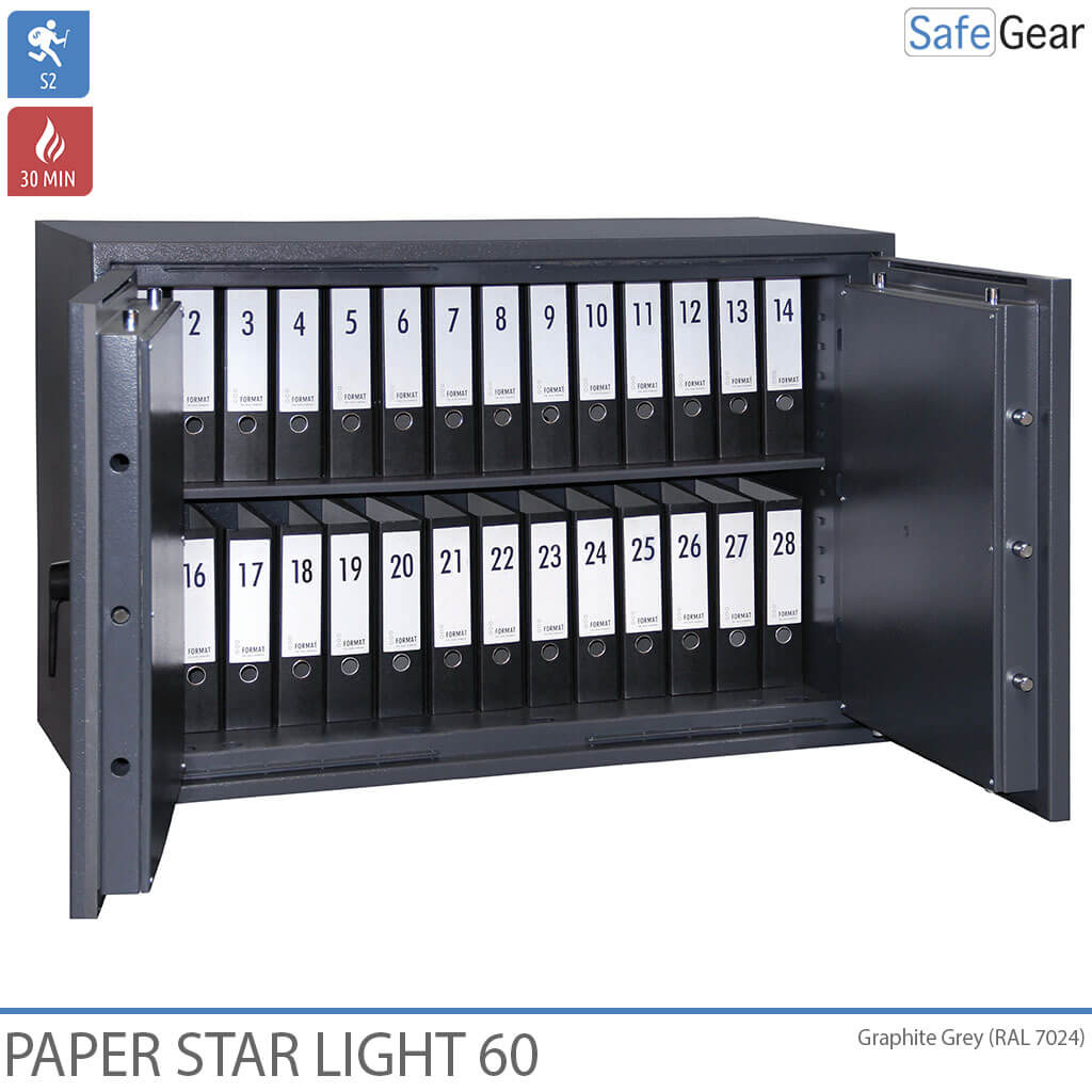 Paper Star Light 60 Trezor na dokumenty – 28 zakladačov – Test odolnosti proti vlámaniu S2 / Test požiarnej odolnosti 30 minút