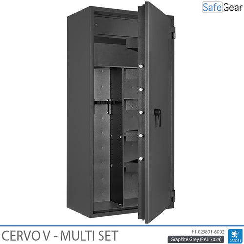 Cervo V Multi Set gun safe in Graphite Grey, door open at 45 degrees with dividing wall and shelves
